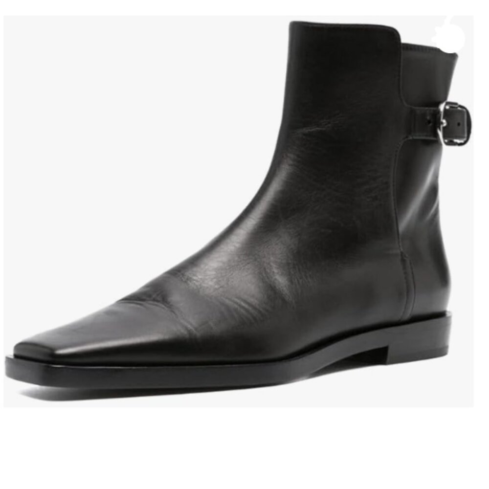 Black Square Closed Toe Ankle Boot Strap Buckle Low Heel Short Boot Office Shoe